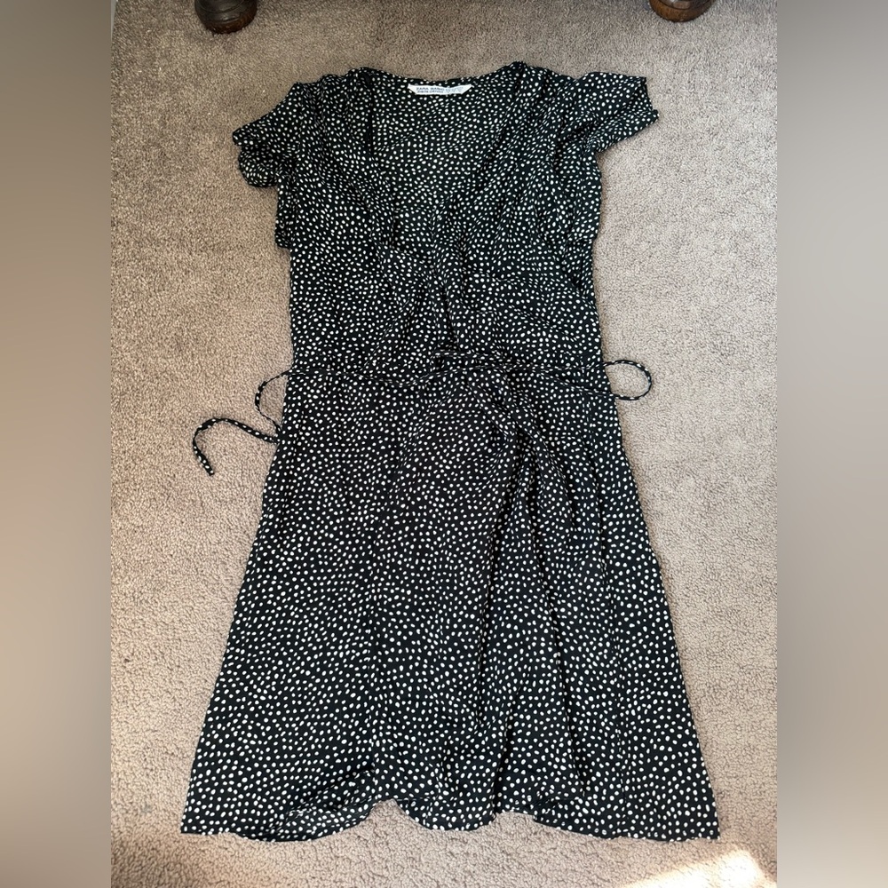 Zara Black and White Wrap Mini Dress with Flutter Sleeves